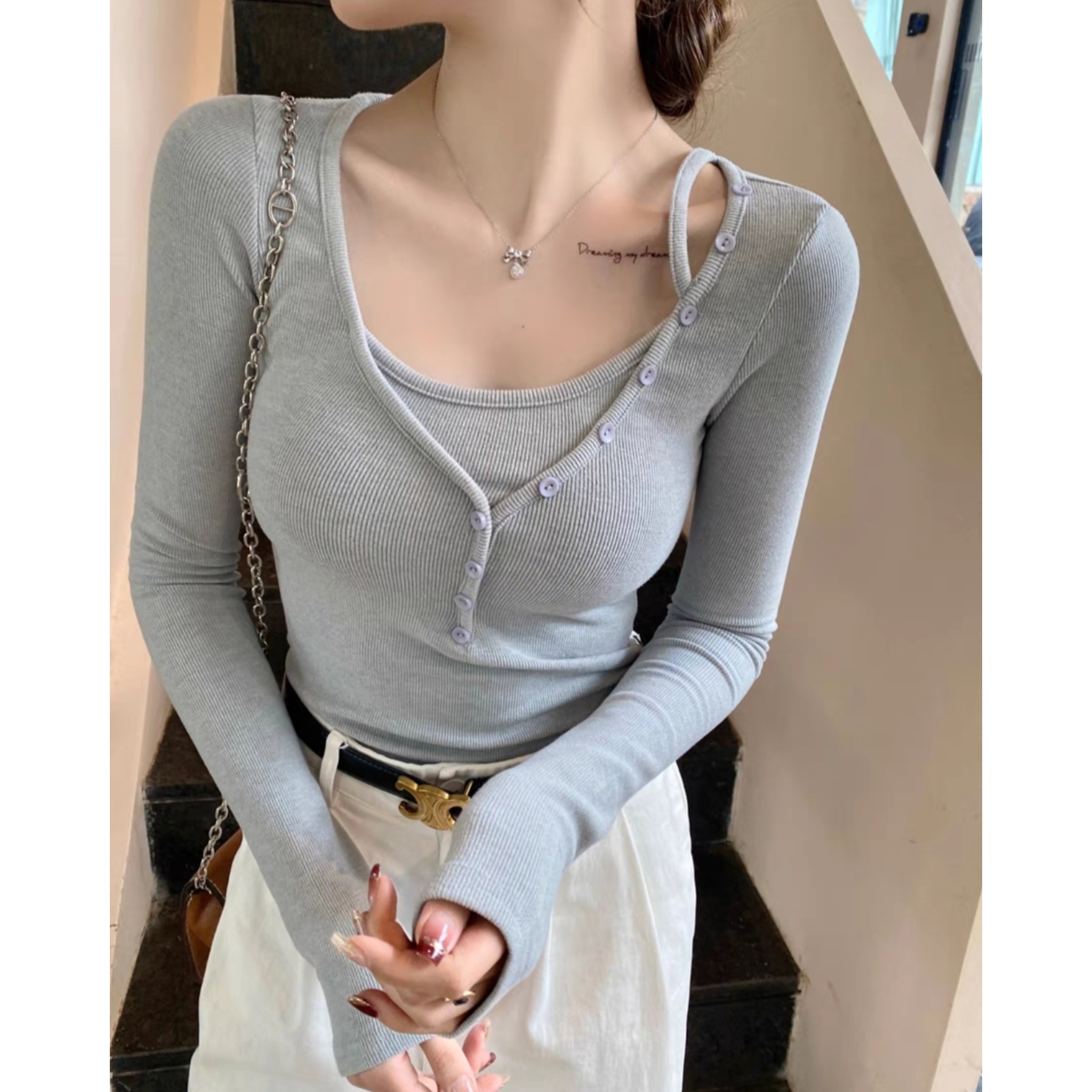 双面绒辣妹假两件长袖女 秋冬新款显瘦修身打底衫女上衣