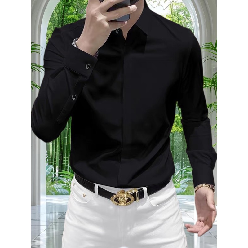 高端弹力无熨烫纯色长袖衬衫男士商务休闲修身抗皱无缝隐扣衬衫新