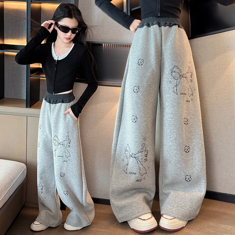 女童卫裤2025新款洋气儿童秋季撞色高腰时尚印花运动裤女孩针织裤