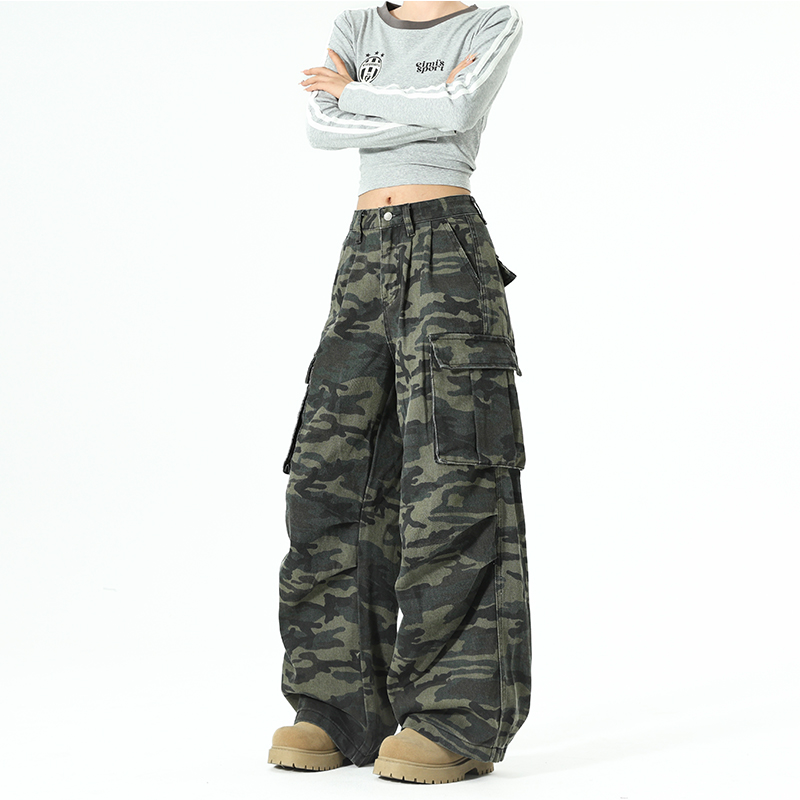 复古hiphop迷彩工装牛仔裤男女款宽松显瘦阔腿嘻哈休闲长裤多口袋