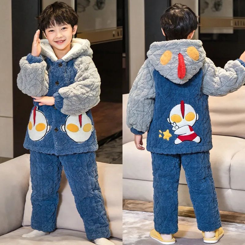 儿童睡衣冬加绒加厚款男孩三层夹棉奥特曼家居服中大童法兰绒睡衣