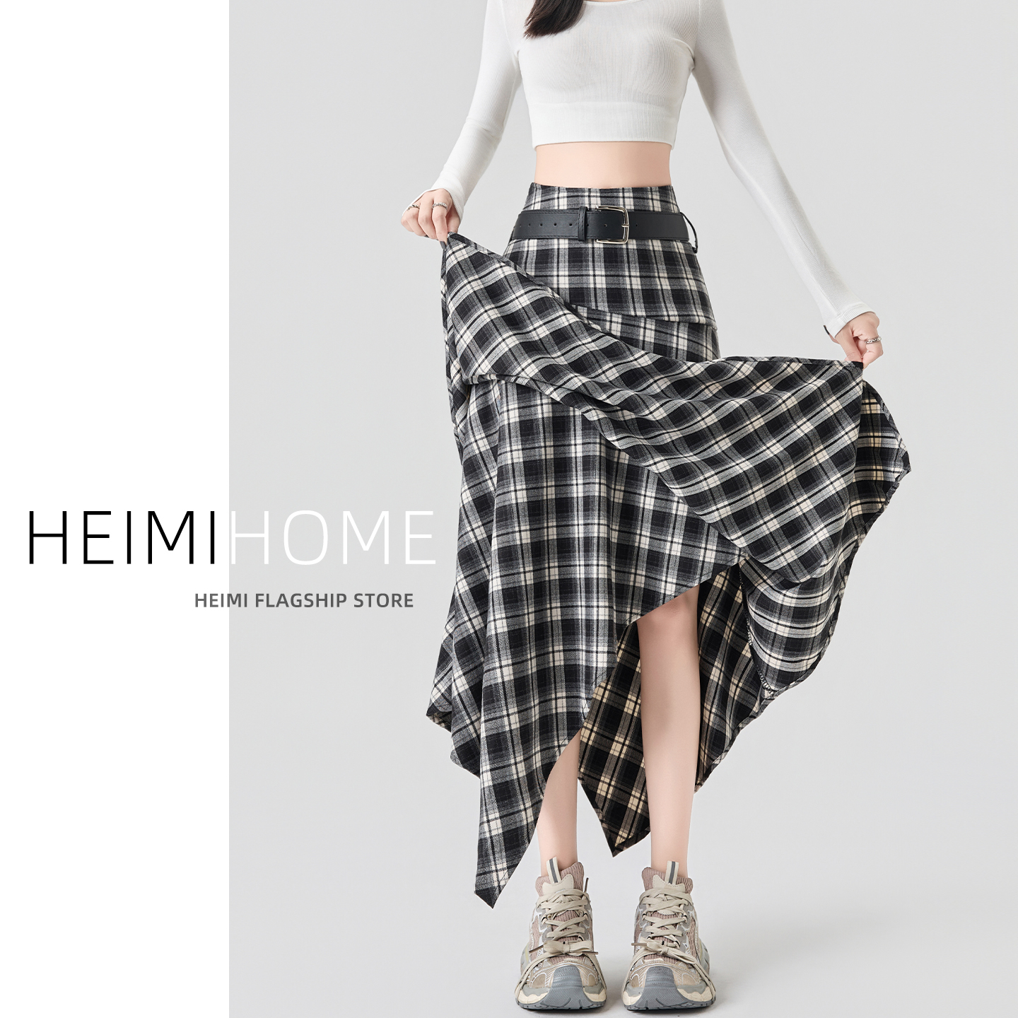 设计感不规则裙摆格子半身裙女春秋季高腰大摆伞裙a字格纹中长裙