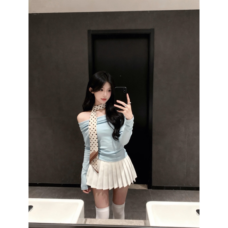 纯欲风露肩气质长袖一字肩修身针织衫上衣高腰显瘦百褶裙两件套装