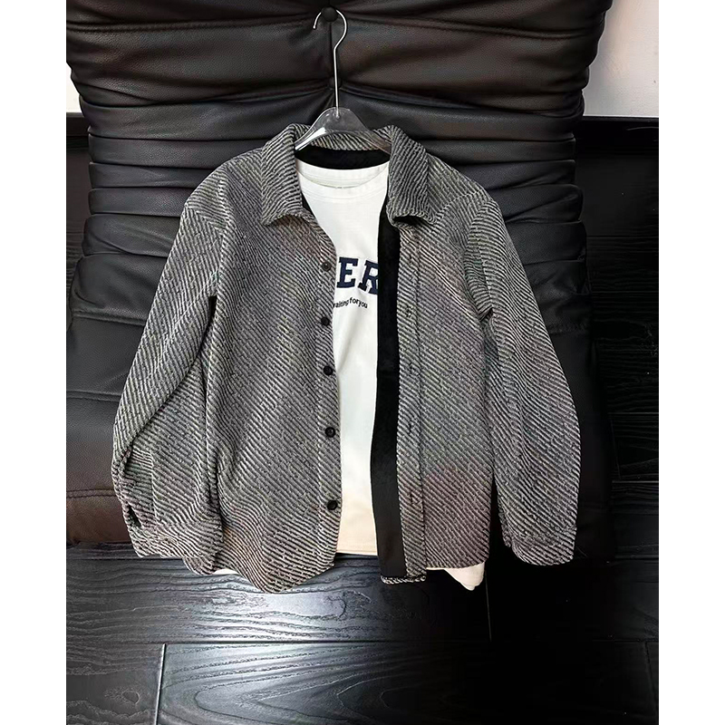 美式复古加绒衬衫男秋冬高级感cleanfit针织潮流外套宽松长袖衬衣