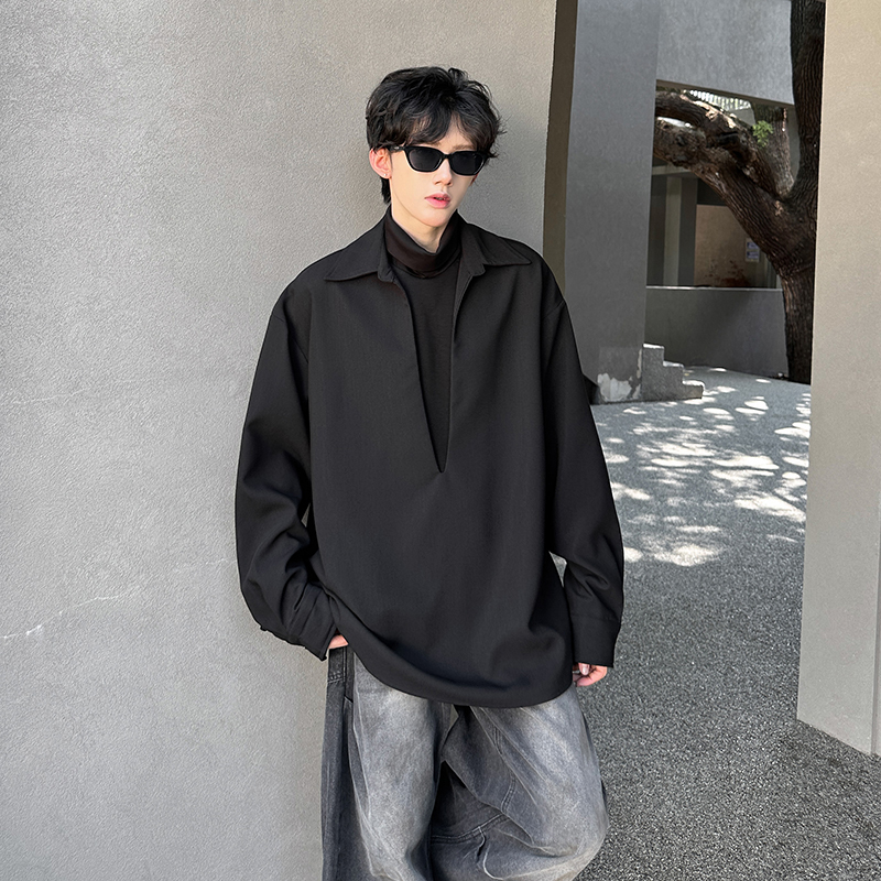 美式假两件拼接高领卫衣男秋冬高级感宽松休闲百搭设计感V领外套