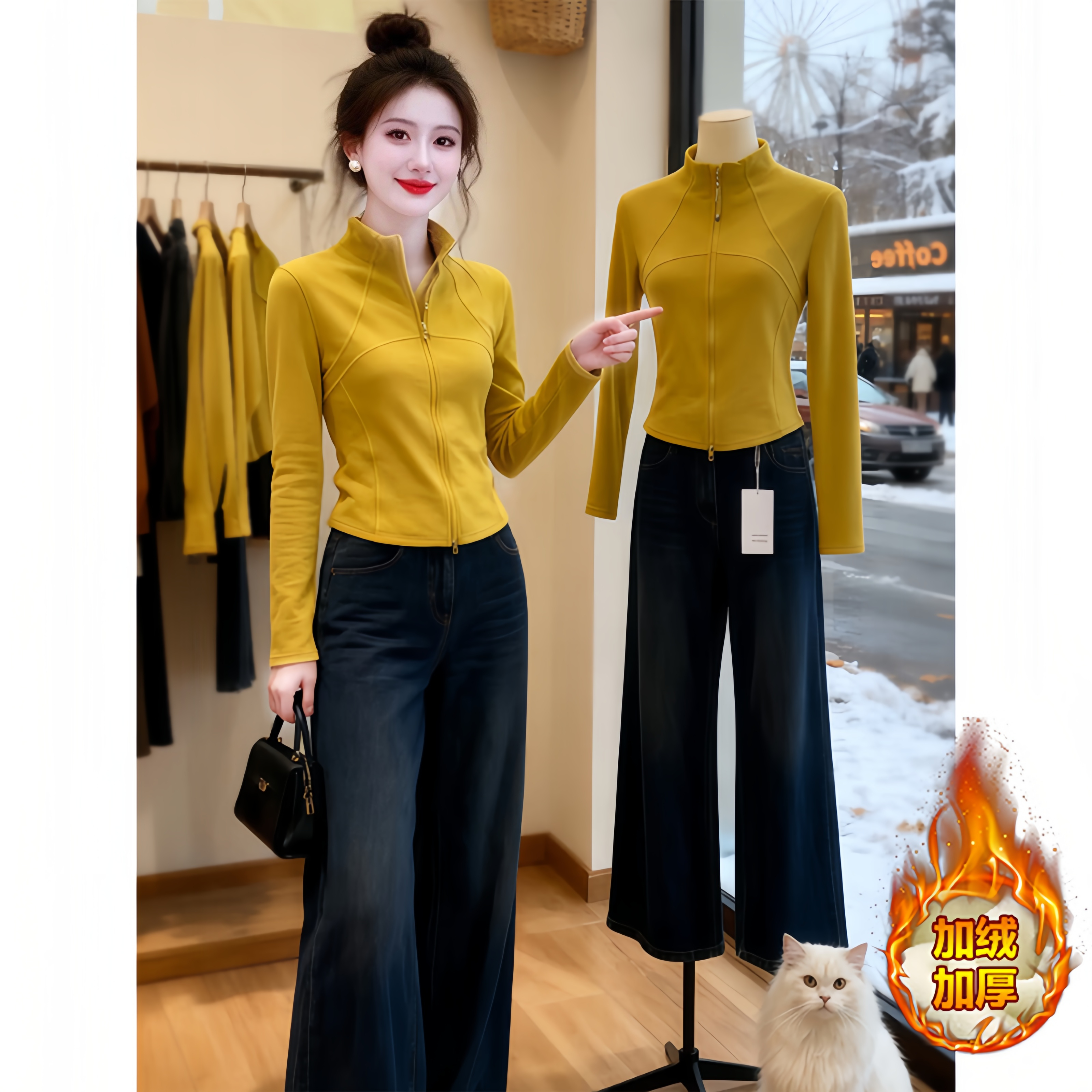 SHALLDOER【奶油芝士】半高领双拉链长袖T恤洋气开衫女秋冬百搭上衣