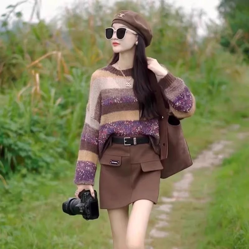 慵懒风软糯撞色条纹套头毛衣秋季新款圆领长袖拼接针织衫显瘦上衣