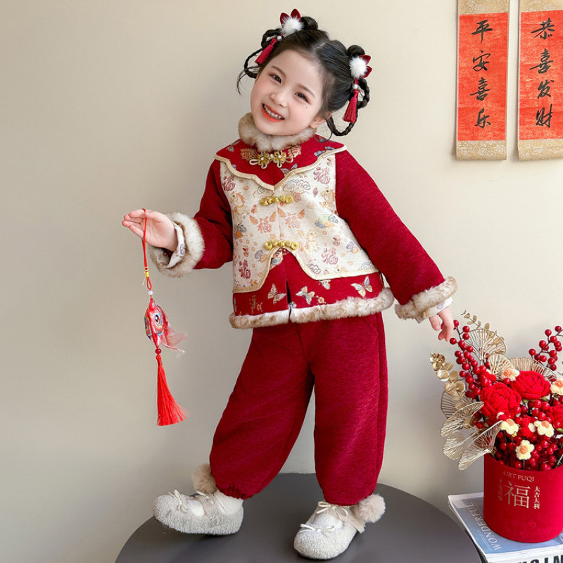 女童新中式国风加厚年服套装冬季2025新款小女孩喜庆元旦演出服装