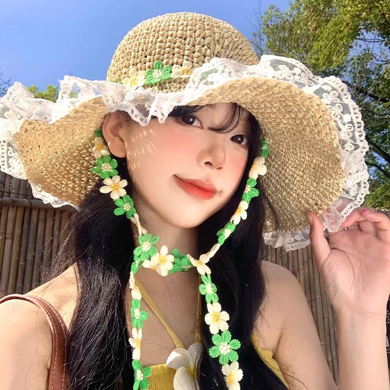 蕾丝边花朵系带草帽女夏季海边沙滩度假大帽檐太阳帽子遮阳防晒帽