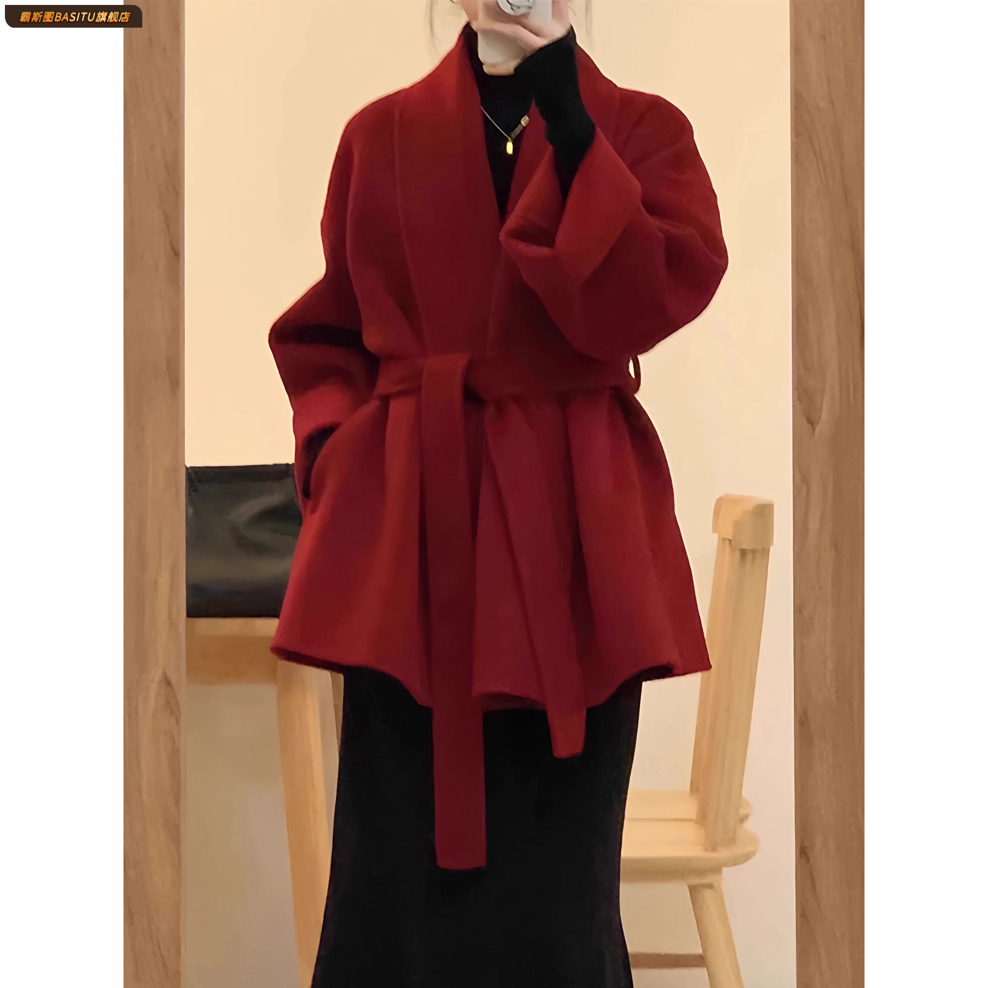 双面羊毛女短款2025年秋冬新款小个子玫红色双面羊毛大衣外套