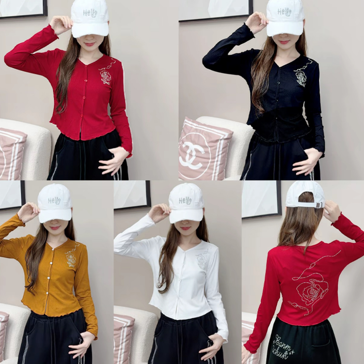 新丽-【高品质/玫瑰闪钻】新品开衫长袖玫瑰烫钻修身上衣秋冬C268