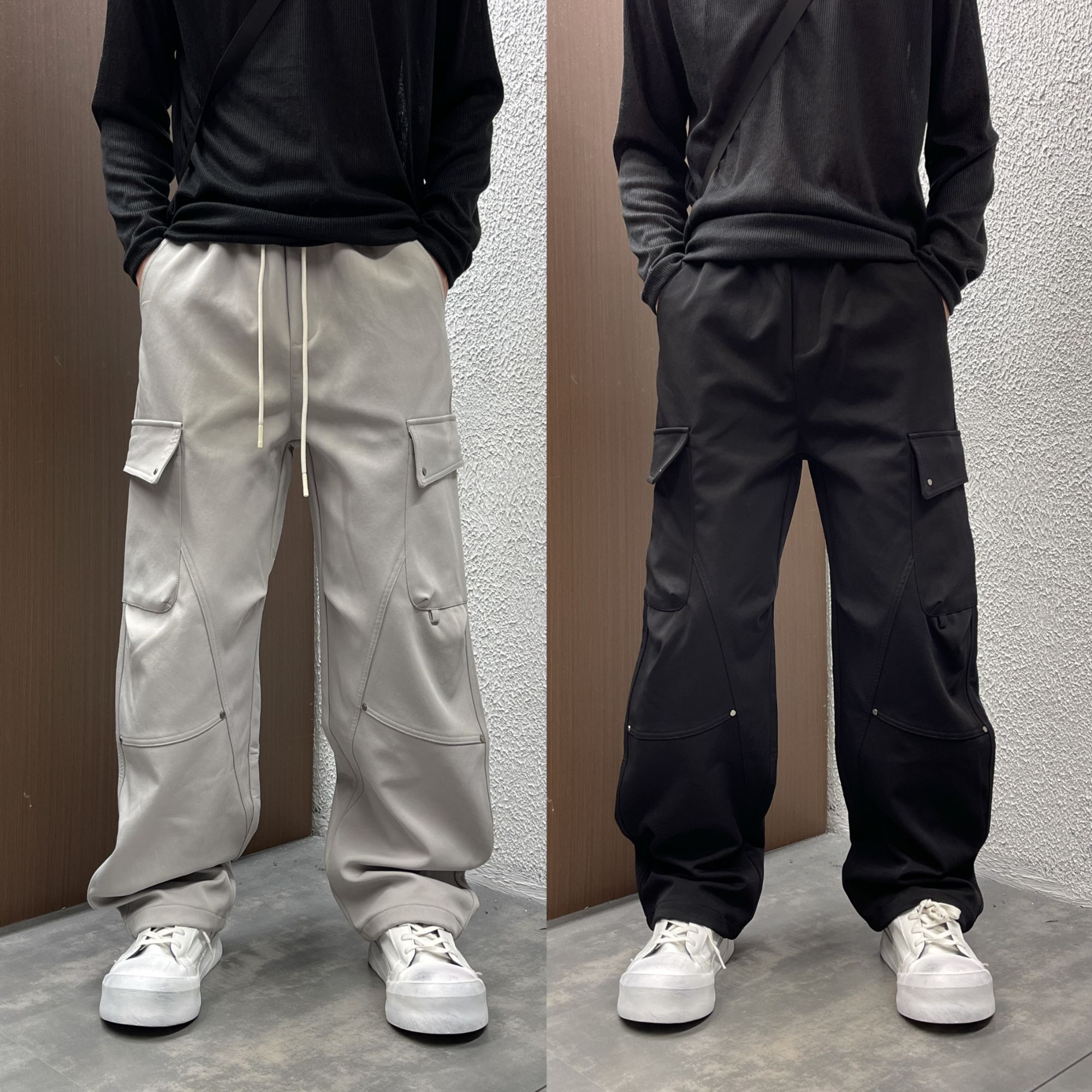 秋冬季新款男士潮流户外多口袋工装裤宽松直筒纯色垂感阔腿休闲裤