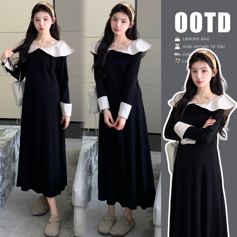 孕妇装2025早秋新款气质优雅荷叶领连衣裙时尚拼接撞色显瘦小黑裙