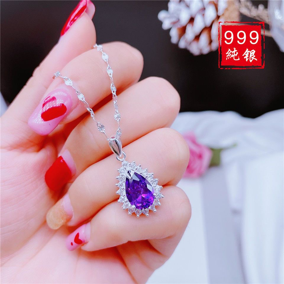 坠链均足银锆石 足银海洋之心水滴锆石项链