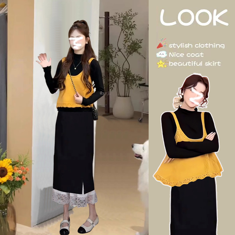 【现货】入秋穿搭女2025秋季新款打底衫针织吊带显瘦半身裙三件套装
