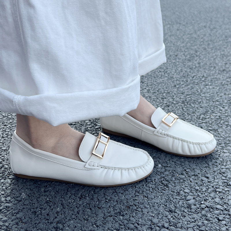 时尚韩版一脚蹬软底豆豆鞋女羊皮透气方扣乐福鞋防滑圆头大码单鞋