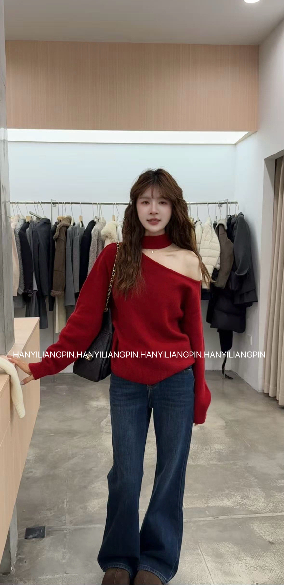 【圣诞毛衣】设计感斜肩露肩针织（不可机洗）