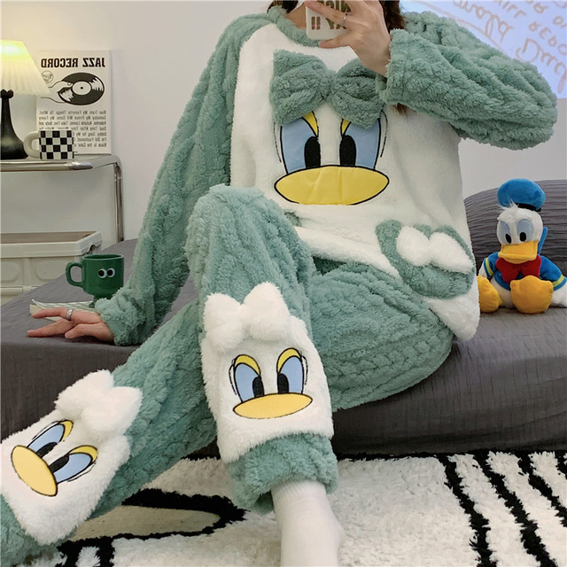 睡衣女冬季法兰绒加厚加绒2025年新款珊瑚绒绿色鸭长袖秋冬家居服