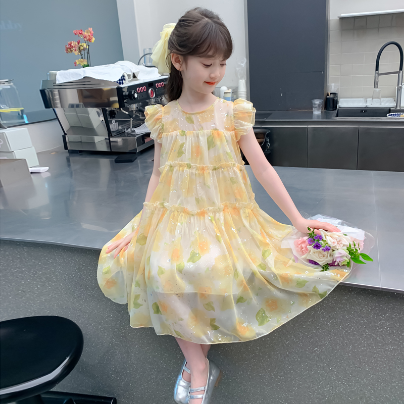 女童夏装连衣裙2025新款儿童洋气甜美女孩夏季碎花雪纺背心公主裙