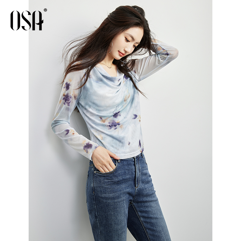 OSA/欧莎【蝶恋花】国风水墨印花荡领设计感上衣高级感S125C11004