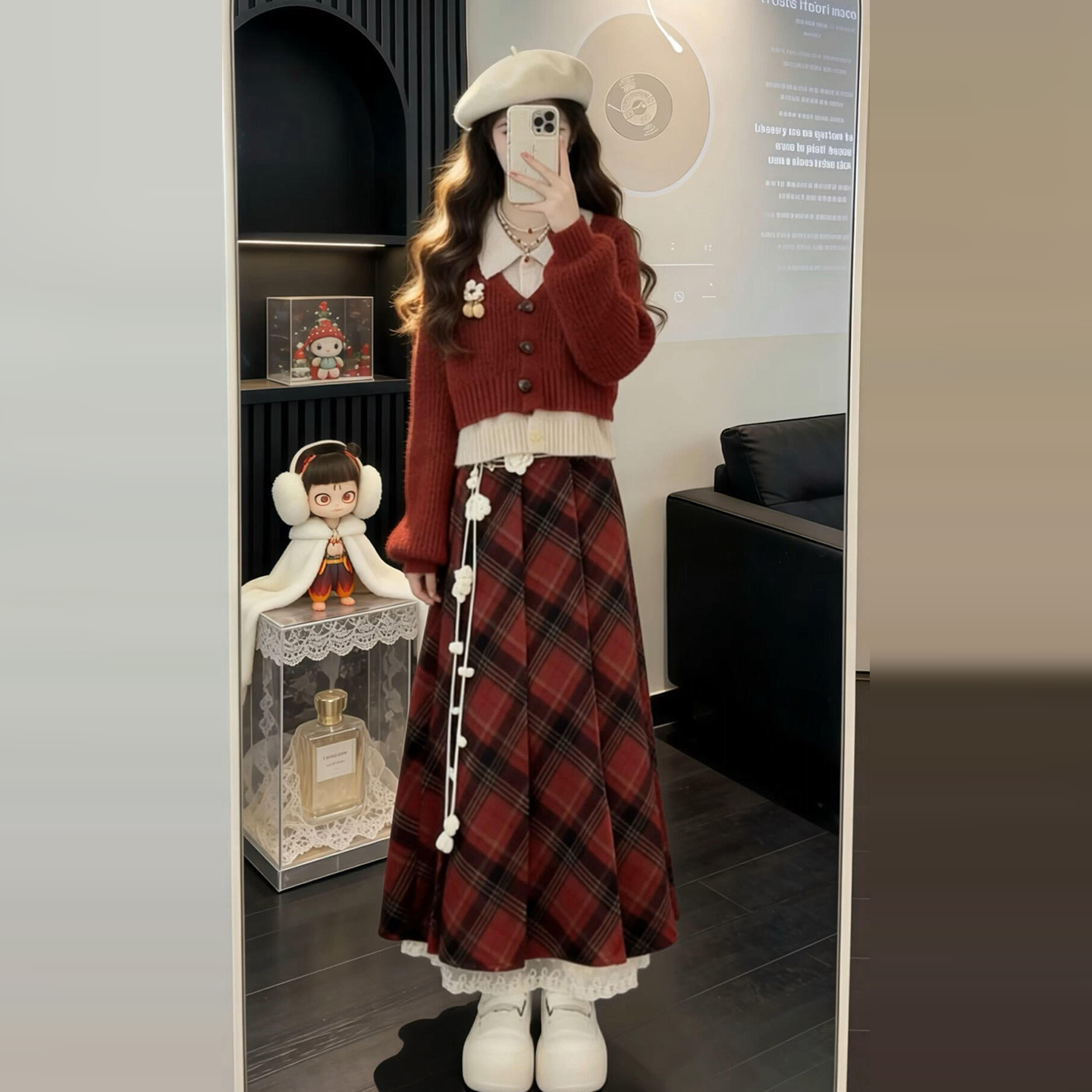 新年冬装一整套韩系2026超火穿搭红色针织连衣裙子独特漂亮套装女