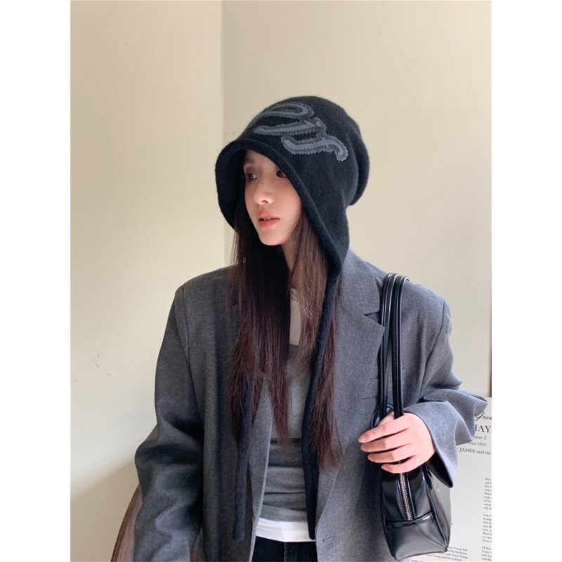 秋冬新款后开叉卷边针织包头帽女韩版户外休闲大头围保暖护耳帽潮