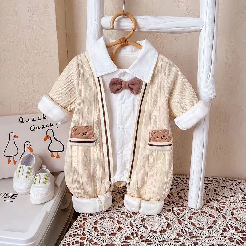 婴儿新款春秋外出衣服超萌绅士宝宝连体衣双层外出服洋气爬服哈衣