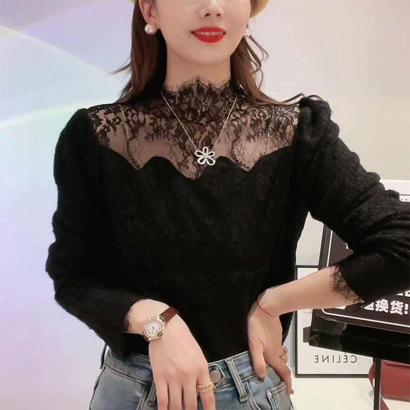 新款洋气蕾丝打底衫女上衣小衫内搭长袖网纱秋冬高级感半高领2025