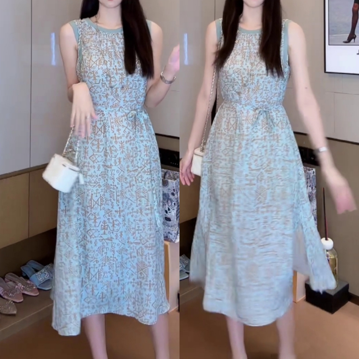 2025夏季新款小众时尚法式气质印花圆领裙宽松绑带收腰显瘦连衣裙