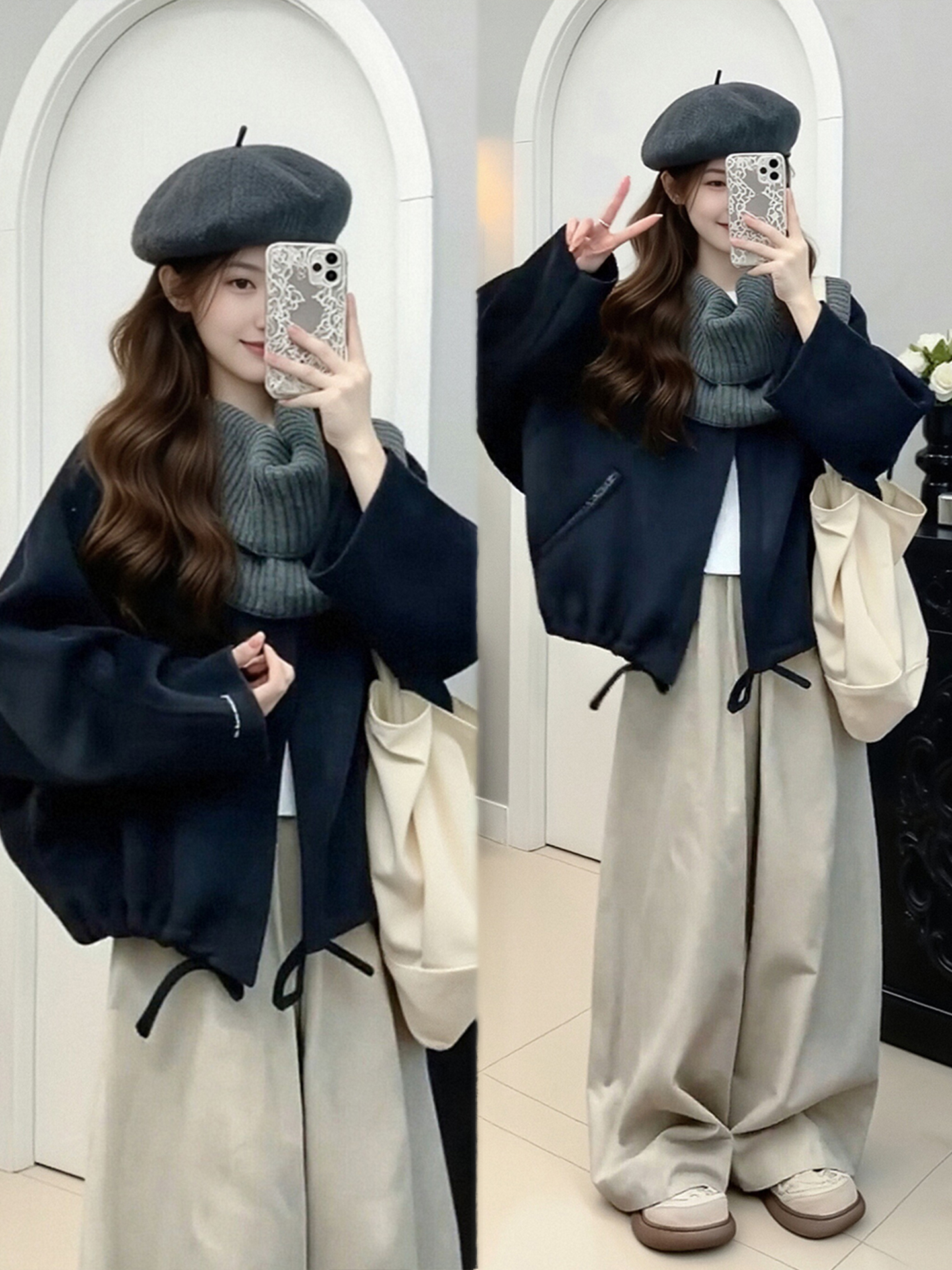 秋冬ootd穿搭韩风chic一整套氛围感围脖短款毛呢外套阔腿裤套装女