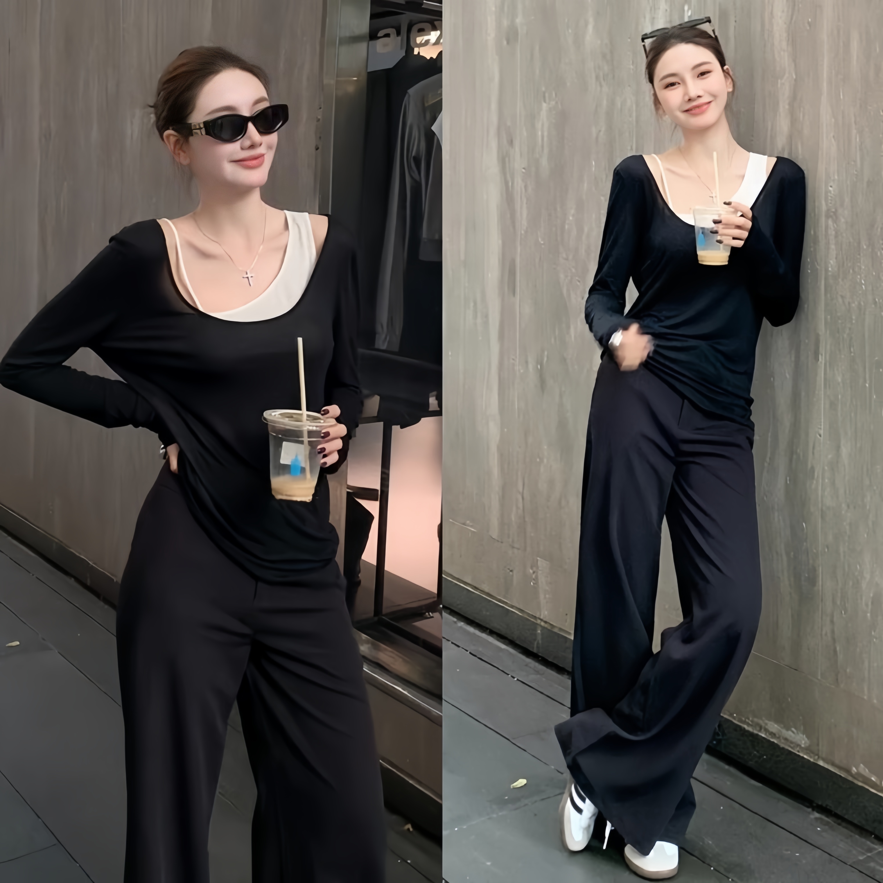 秋装女款爆款2025新款气质不规则两件叠穿长袖T恤高腰阔腿裤套装