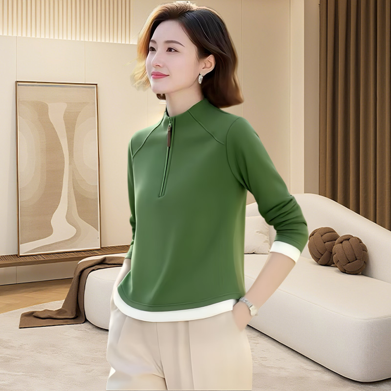 小个子慵懒风拼接半拉链长袖T恤2025早秋新款百搭休闲打底衫上衣