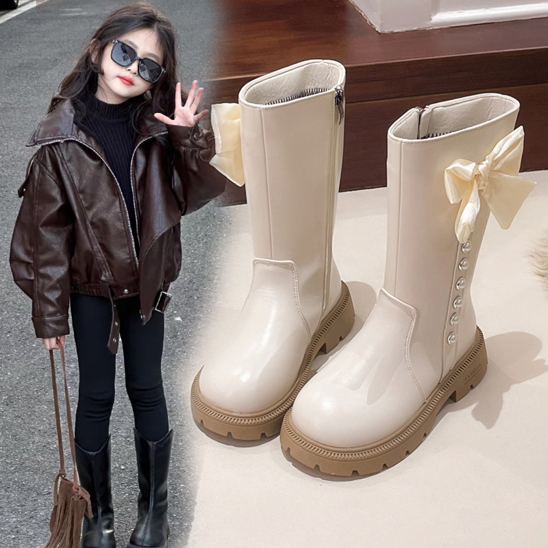 女童鞋子儿童中筒高筒长筒皮靴子2025秋冬季新款加绒小女孩公主靴