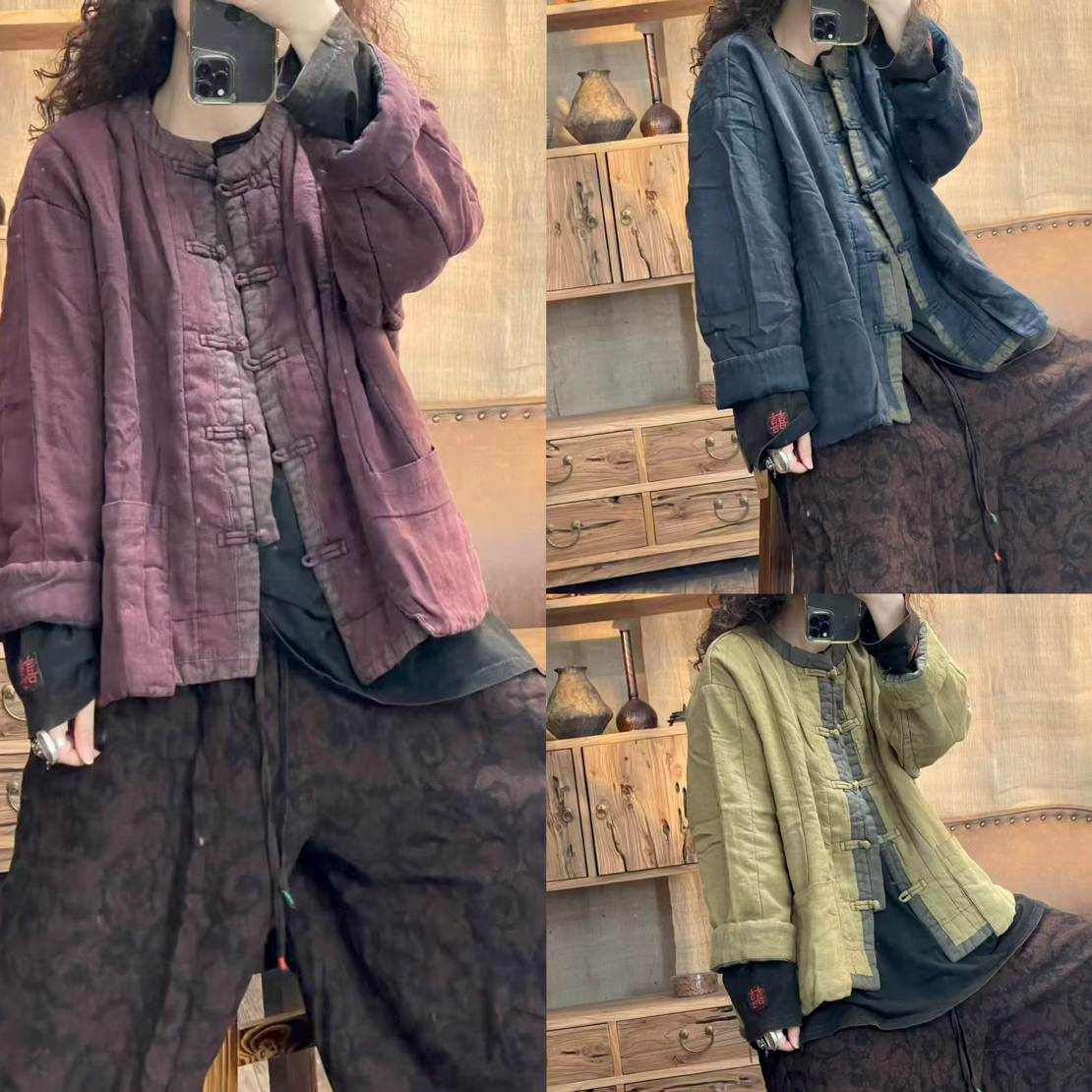 亚麻撞色边盘扣棉服（衣长67胸围140）