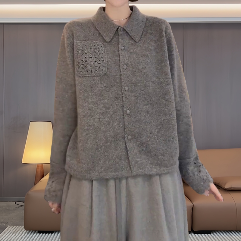 韩系慵懒风时髦洋气毛针织衫秋冬新款镂空设计宽松百搭翻领上衣女