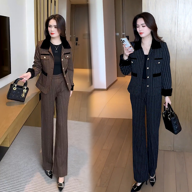 2025春秋新款时尚加厚条纹气质两件套女减龄小香风外套直筒裤套装
