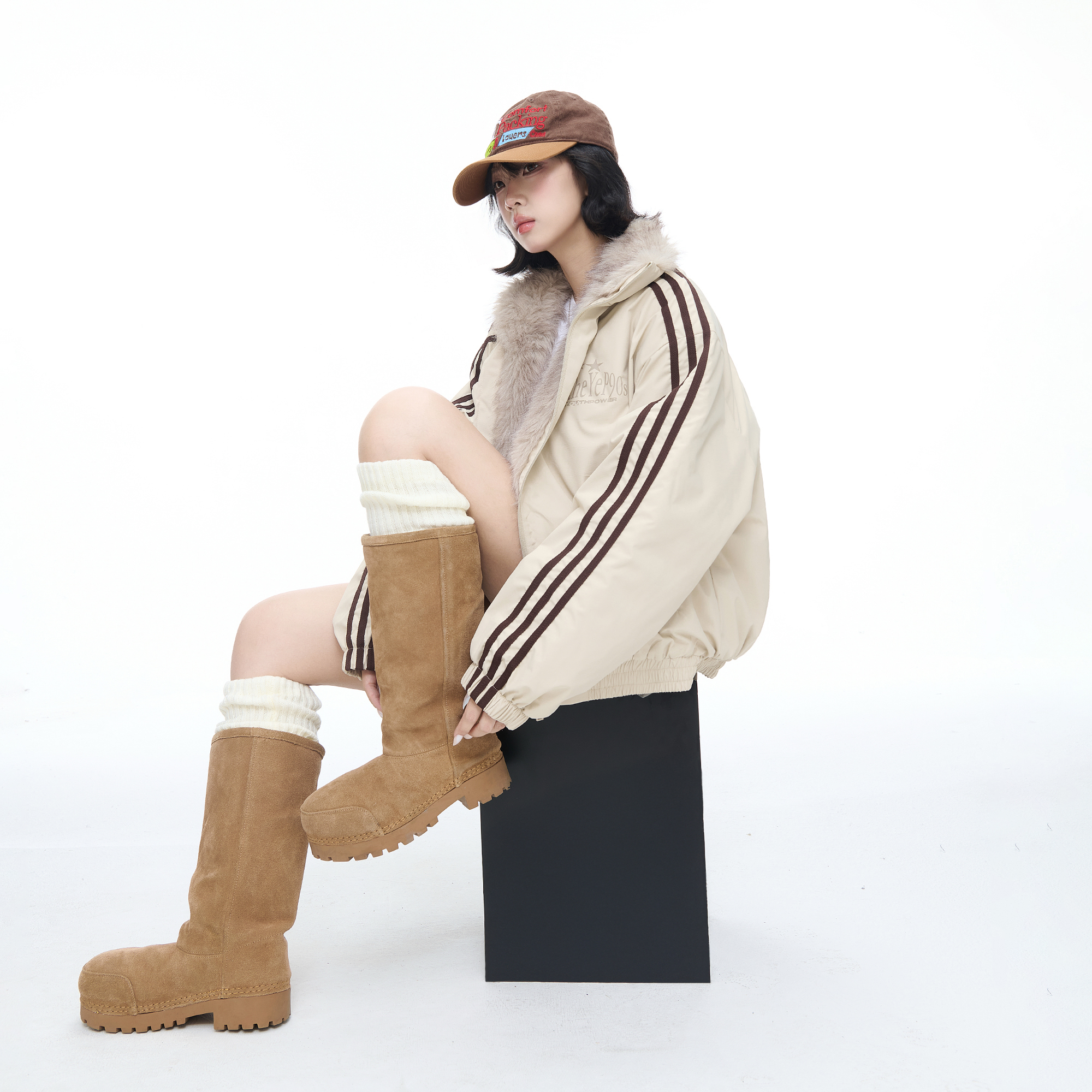 美式潮牌座山雕创意印花三道杠毛领棉服女冬季新款保暖情侣装棉衣