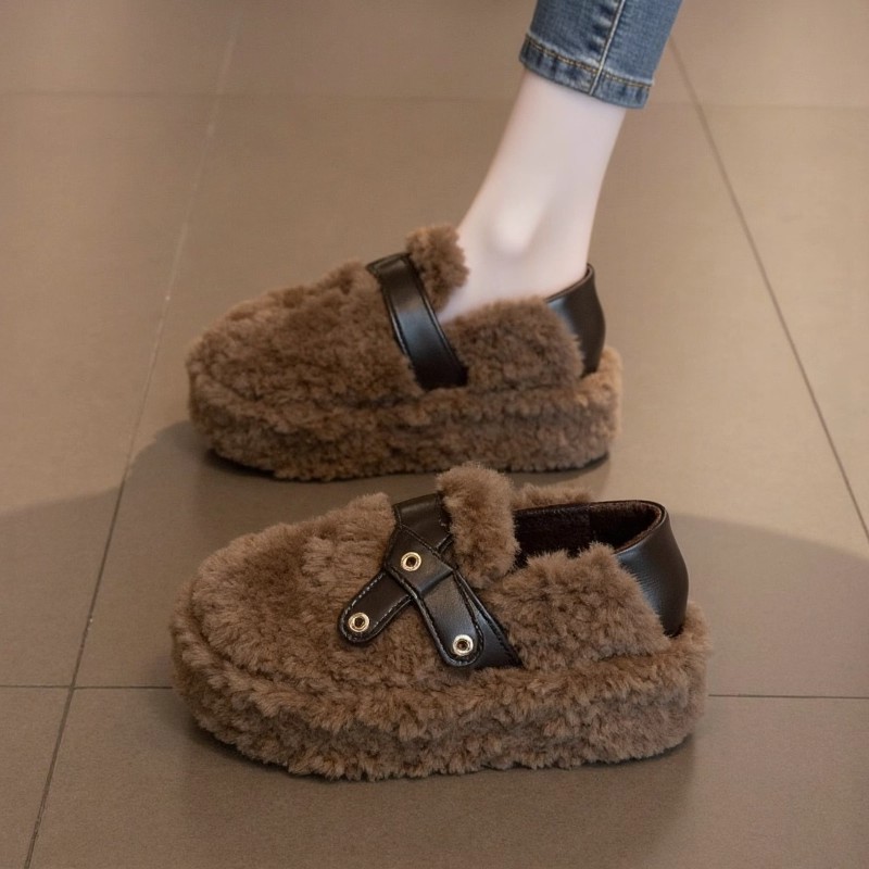 毛毛鞋女厚底外穿2025年秋冬新款网红超火懒人一脚蹬加绒豆豆棉鞋