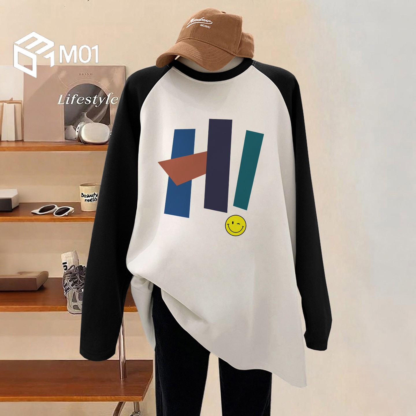 M01拼接撞色纯棉长袖t恤春秋新款宽松韩版中长款遮肉显瘦上衣ins