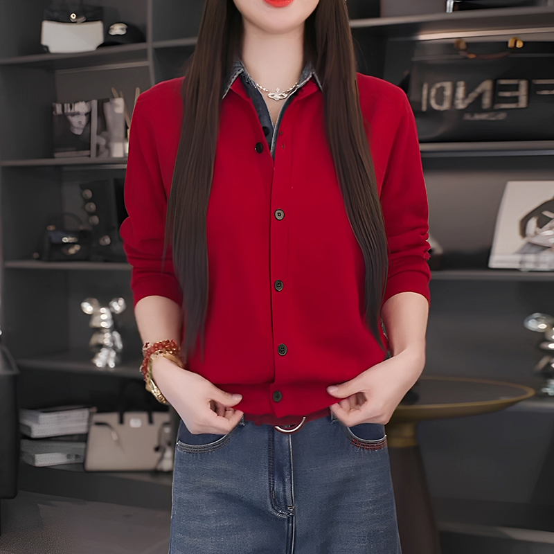 拼接牛仔翻领毛衣开衫女冬季新款设计感宽松显瘦百搭叠穿外套上衣