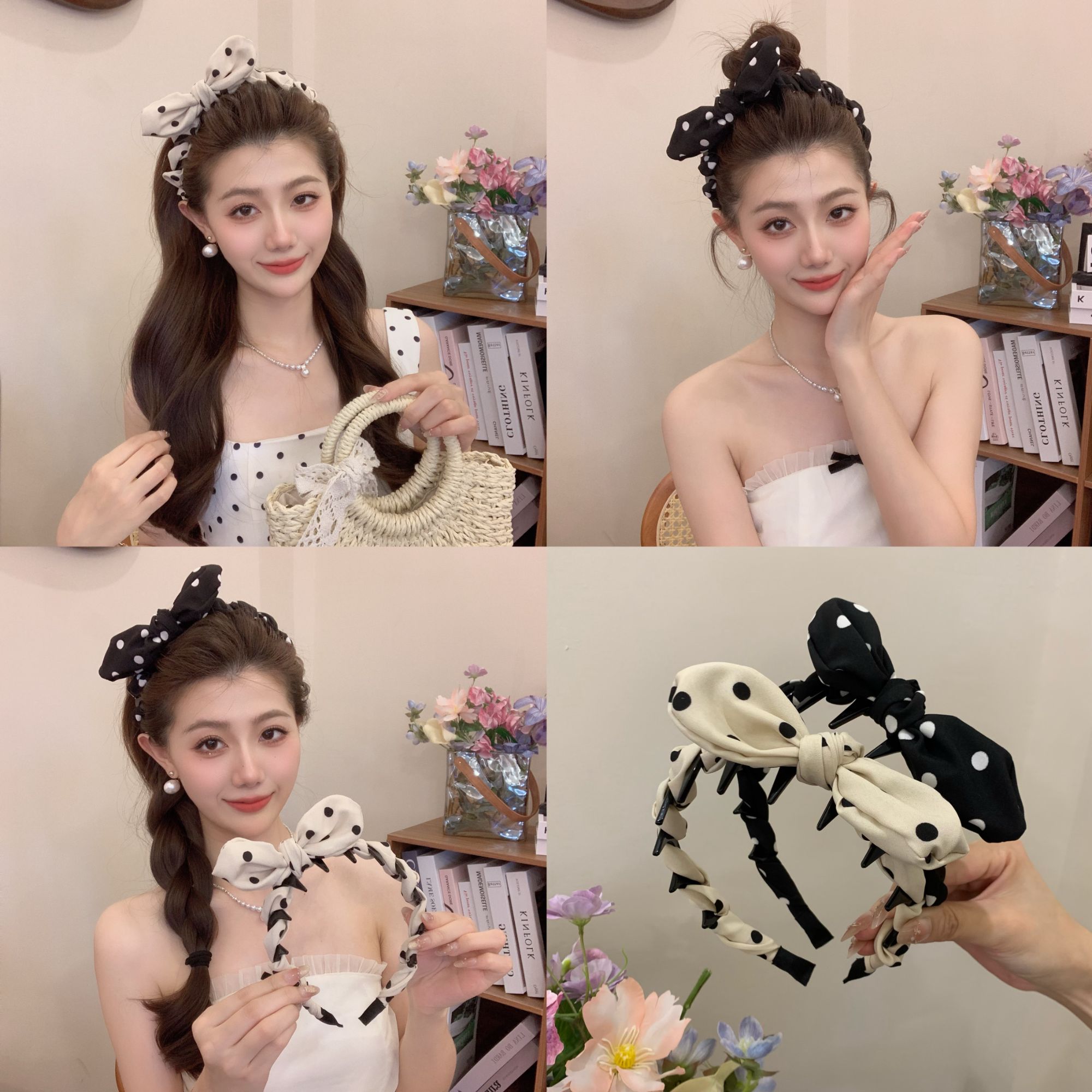 波点硬控新款波点蝴蝶结超立体褶皱波点兔子耳朵齿梳发箍正反戴