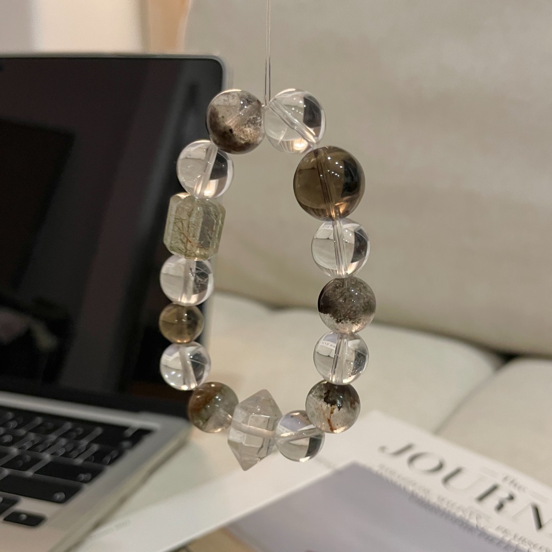 【聚宝盆】12m绿幽灵+12m白水+茶晶+超七原创天然水晶手串情侣TY211