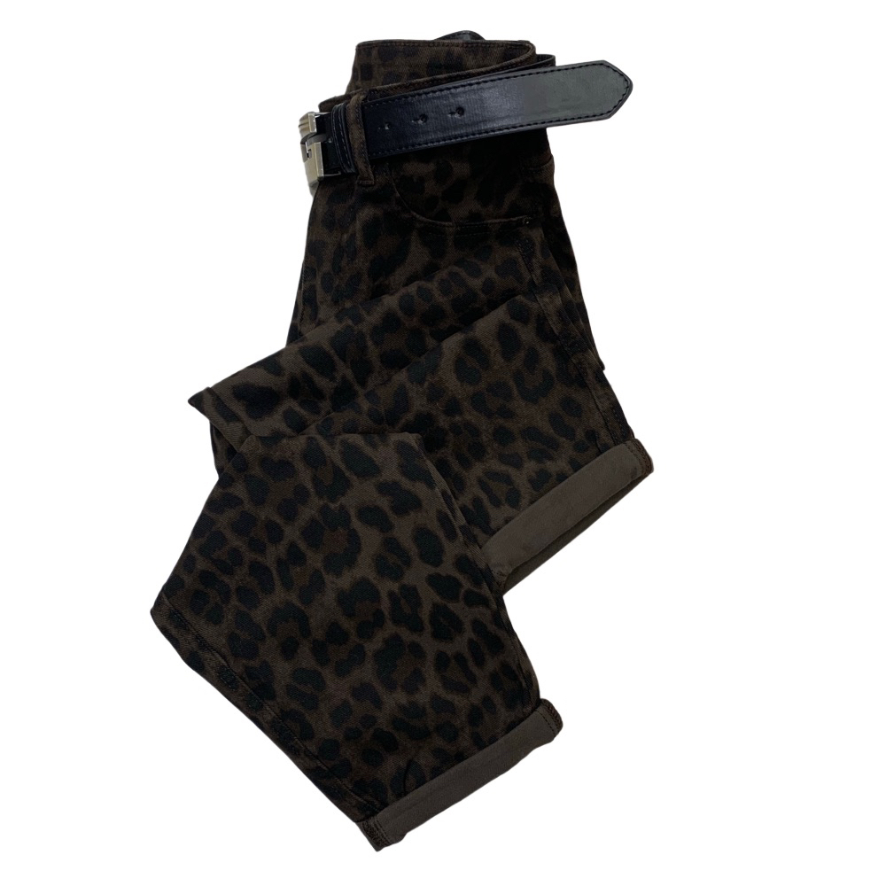 D7211C新款不加绒洋气豹纹显瘦百搭牛仔九分萝卜老爹裤（带腰带）