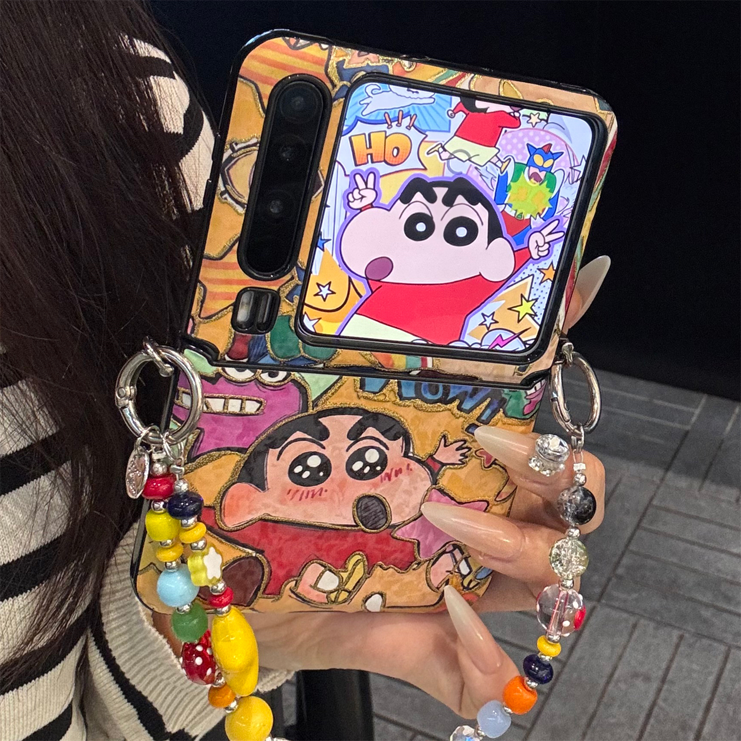 适用华为purax折叠屏手机壳卡通可爱pocket2彩色皮质蜡笔小新链条