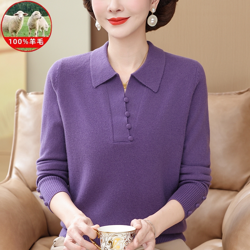 中老年羊毛衫女100纯羊毛翻领毛衣洋气妈妈装宽松大码秋冬打底衫