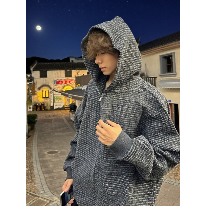 美式慵懒风条纹外套男款秋季高级感连帽开衫卫衣cleanfit穿搭上衣