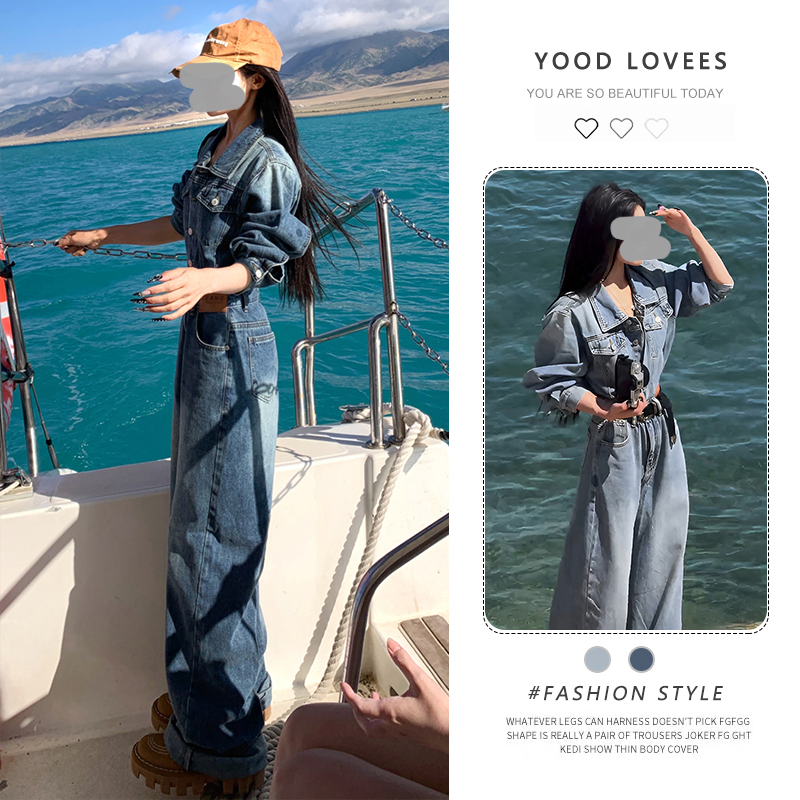 时尚Polo领长袖牛仔连体裤女2026春秋新款美式复古收腰显瘦连身裤