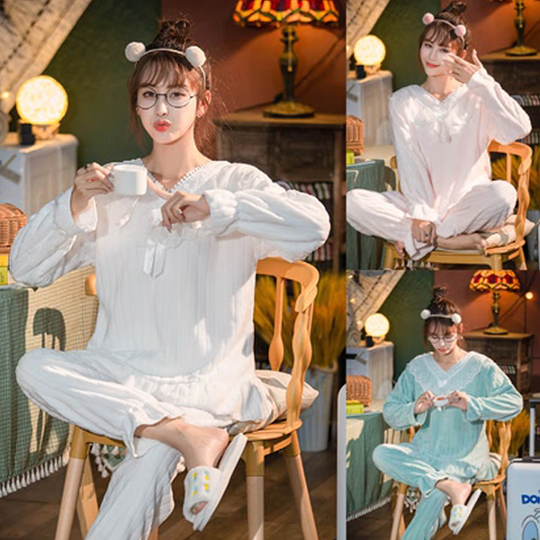 软蕾丝花边保暖好看女居家服家居服睡衣不