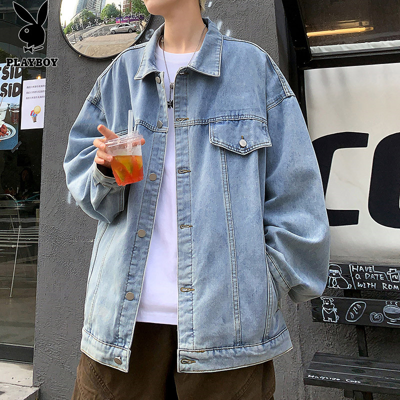 花花公子痞帅牛仔夹克春秋潮牌ins连帽宽松百搭外套潮流韩版上衣