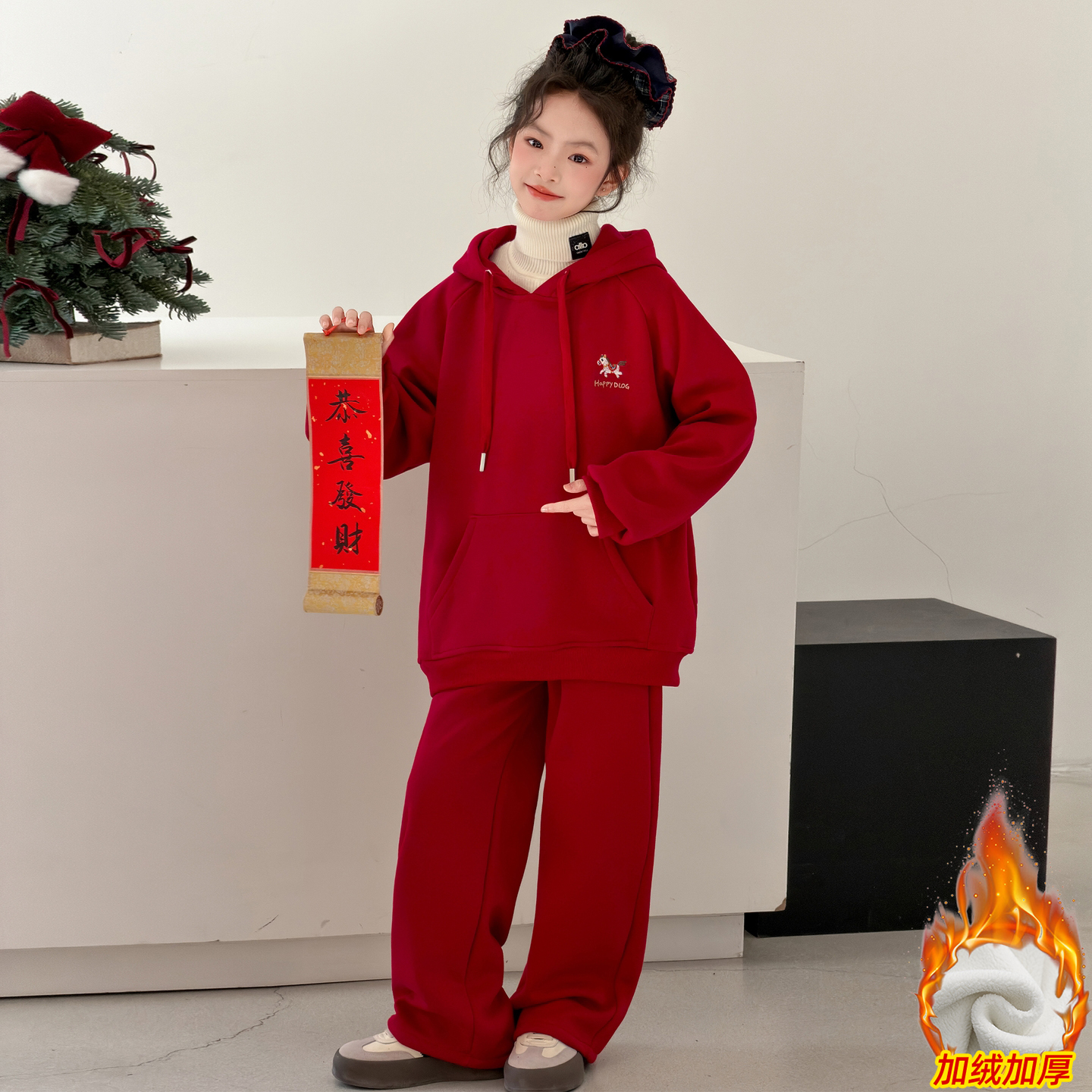 女童冬季加绒加厚卫衣套装2025新款女大童拜年服本命年红色衣服潮